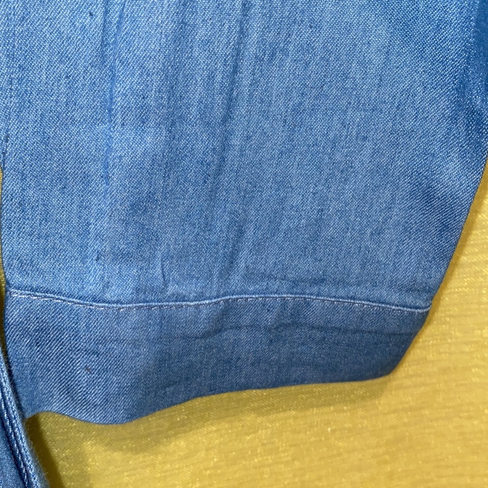 DENIM DUSTER BLUE LONG SLEEVES COLLAR SPLITS SZ XS - Picture 10 of 11